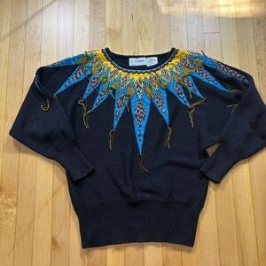 Vintage Cedars Beaded Western Sweater Women's M Black Colorful Tassels Southwest